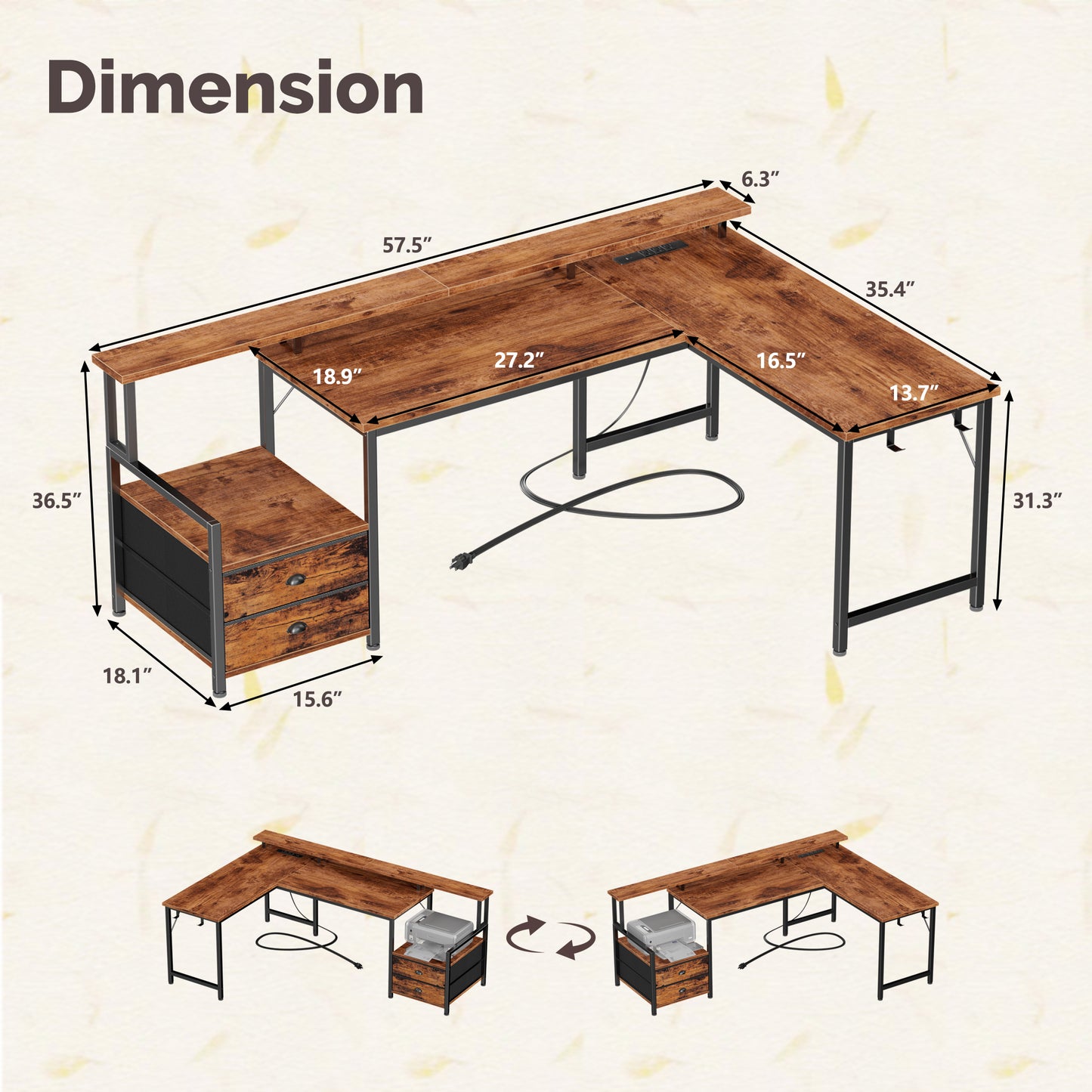 Satifur 57" L-Shaped Gaming Desk with LED Lights & Power Outlets, Computer Desk with Drawers & Printer Stand, Rustic Brown