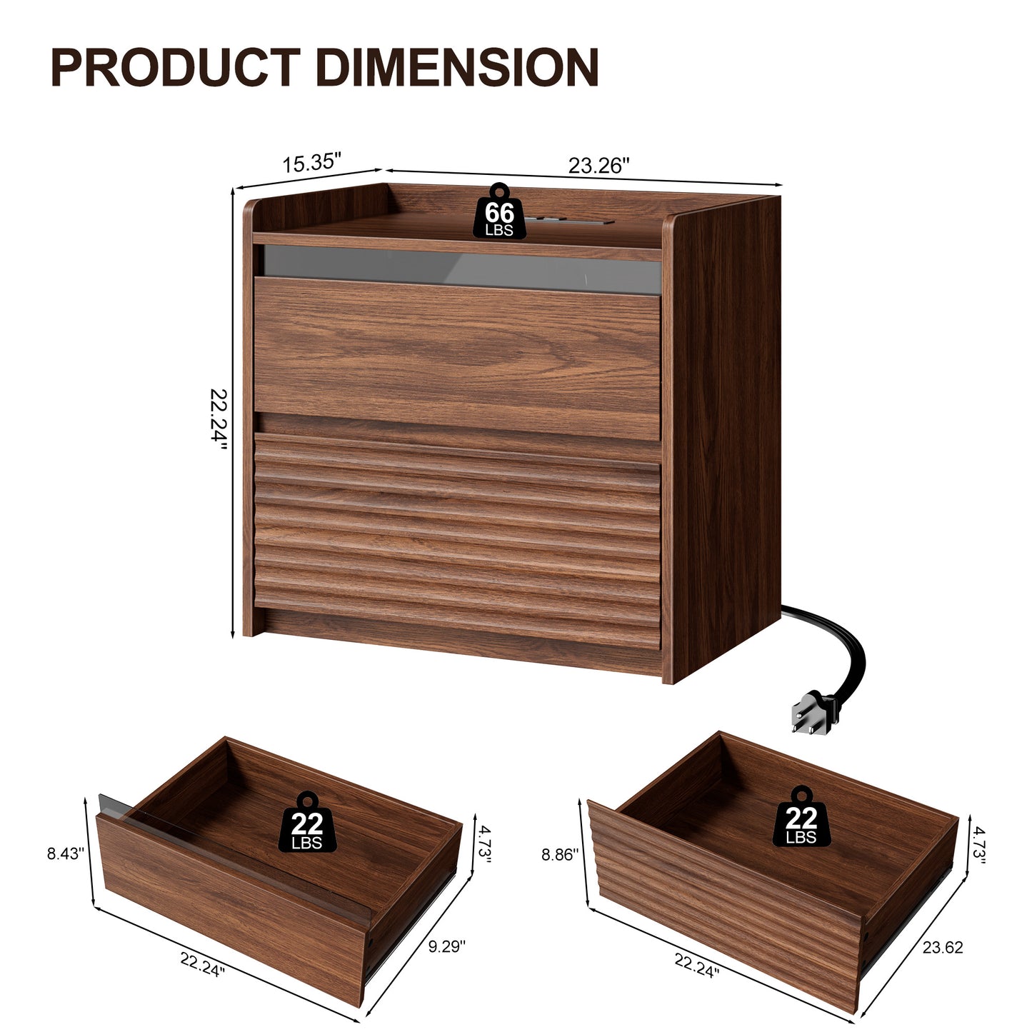 Satifur Nightstand with Charging Station & LED Lights, Smart Wooden Bedside Table with 2 Drawers, Fluted End Table, Walnut