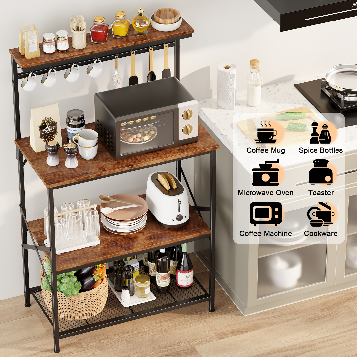 Tydimor Bakers Rack with 8 Hooks, Kitchen Microwave Stand, 4-Tier Coffee Bar Table, Space-Saving Kitchen Storage Shelf, Rustic Brown