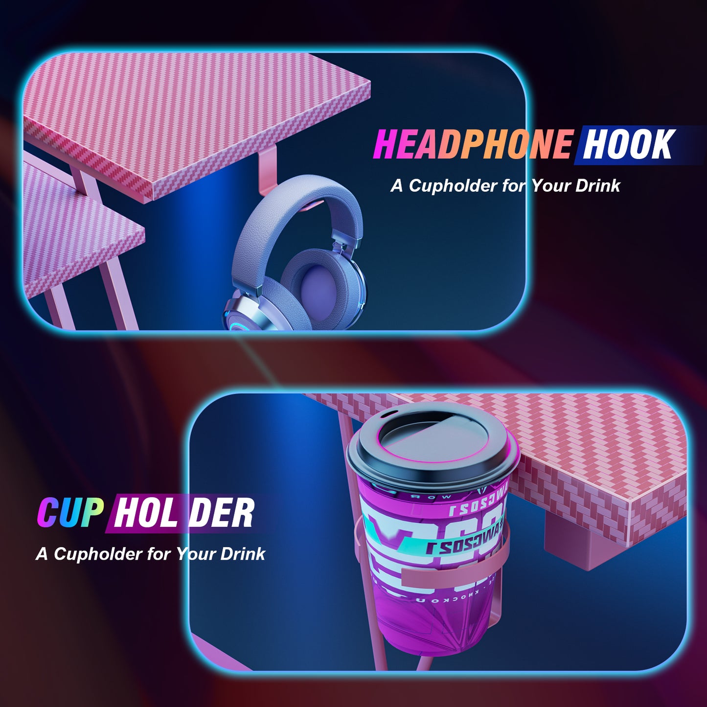 Satifur 55" Carbon Fiber Gaming Desk L-Shaped Computer Desk, RGB Lights & Power Outlets, Pink