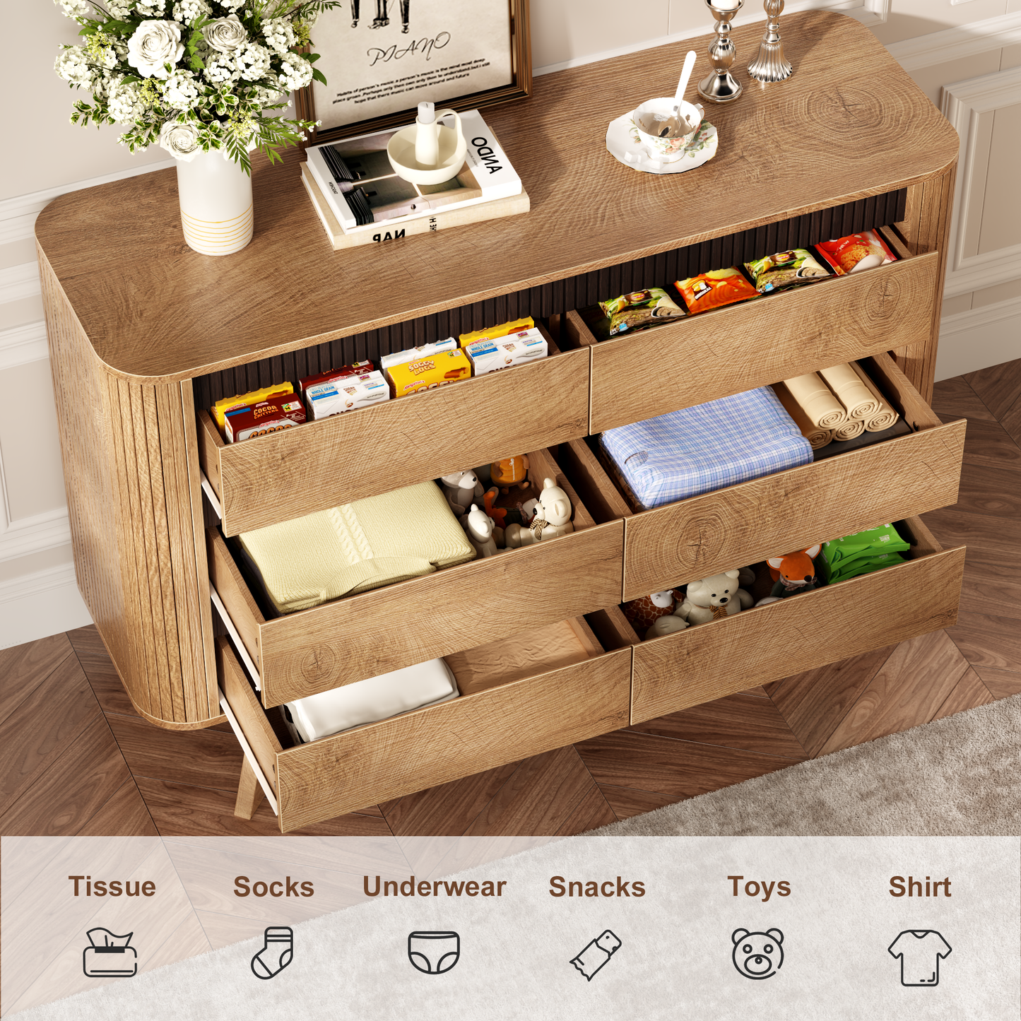 Satifur 6 Drawer Dresser, Wooden Wide Chest of Drawers for Bedroom, Living Room Storage Cabinet and TV Stand up to 45 Inch, Natural Oak