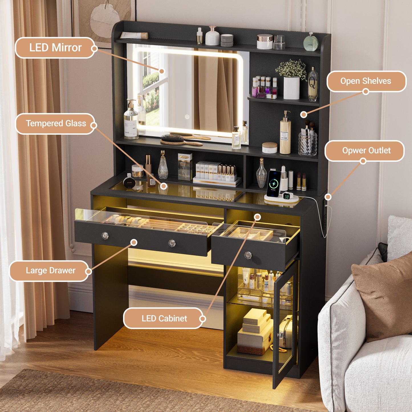 Satifur Modern LED Vanity Desk with Charging Station,Visible Tabletop & Storage, Black Makeup Table for Bedroom