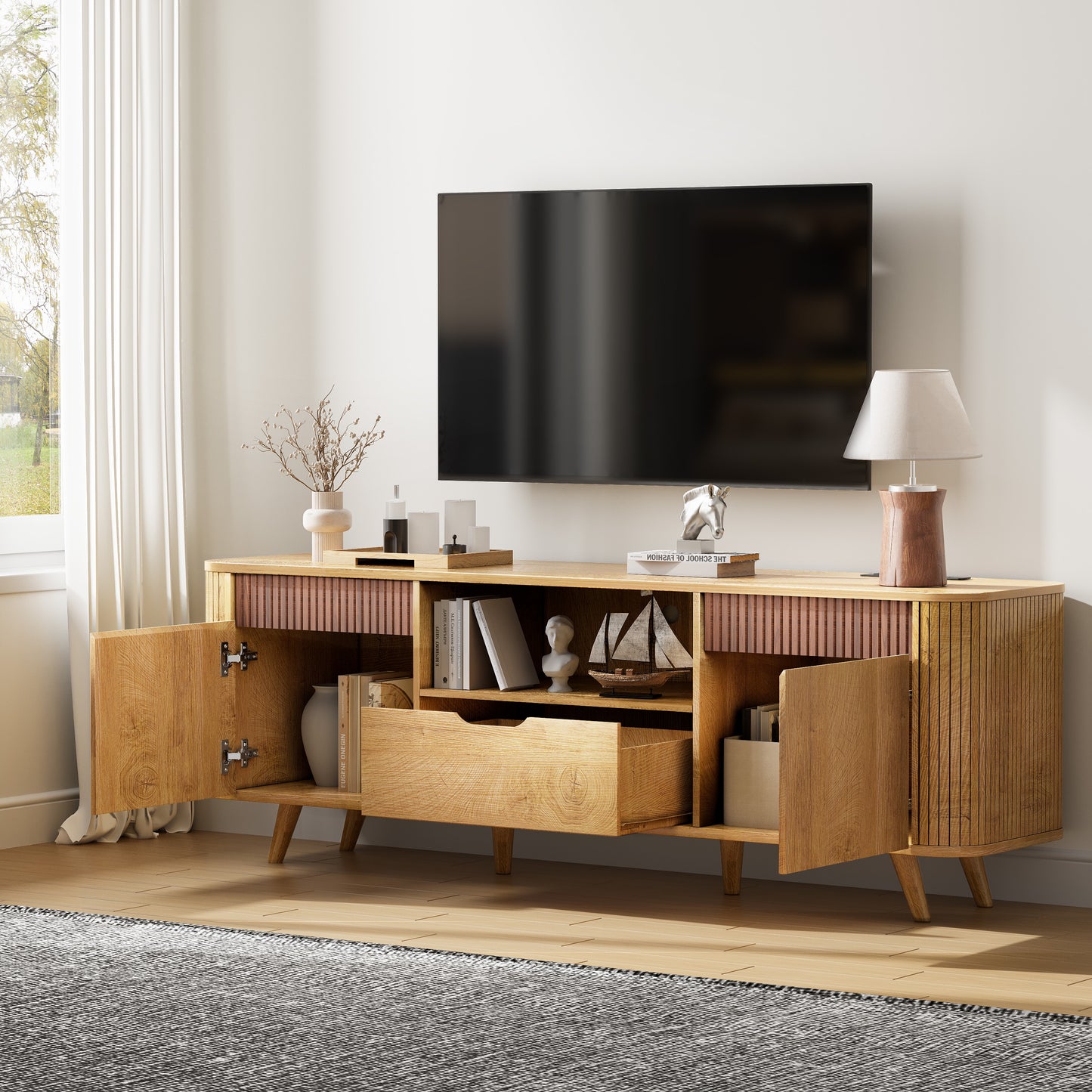 Tydimor TV Stands with Power Outlets, Entertainment Center Dresser for Living Room, Media Console Table with 2 Cabinets & 1 Drawer, Natural