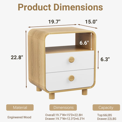 Satifur 2-Drawer Nightstand, White Bedside Table with Open Shelf & Wood Frame, Compact Storage for Bedroom, Living Room