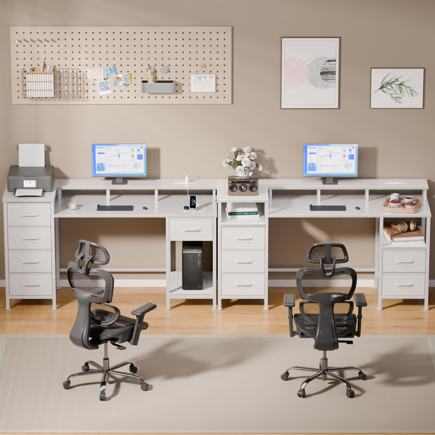 Satifur Gaming Desk with LED Lights & Power Outlets, 47" Computer Desk with 5 Fabric Drawers & Open Storage, Reversible Home Office Desk,White