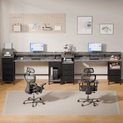 Satifur Gaming Desk with LED Lights & Power Outlets, 55" Computer Desk with 5 Fabric Drawers & Open Storage, Reversible Home Office Desk,Grey