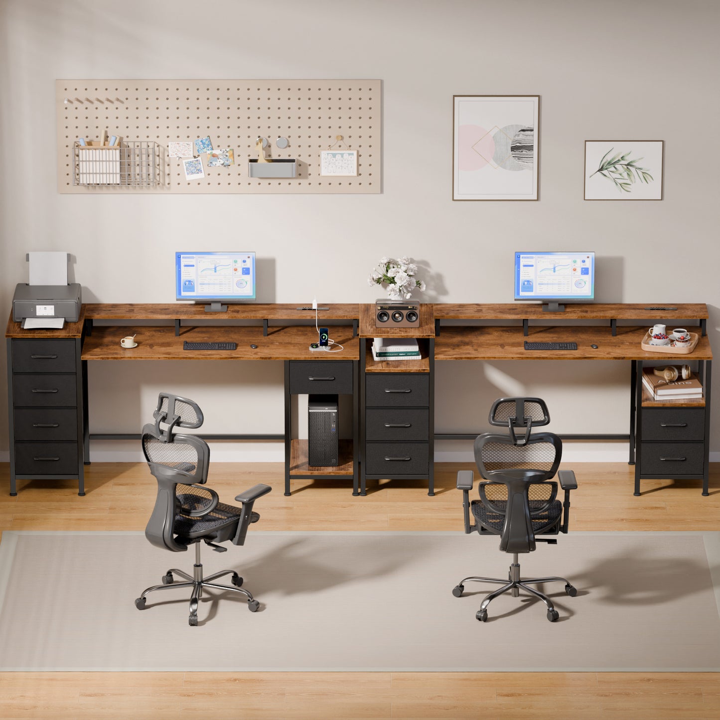 Satifur Gaming Desk with LED Lights & Power Outlets, 55" Computer Desk with 5 Fabric Drawers & Open Storage, Reversible Home Office Desk,retro Brown