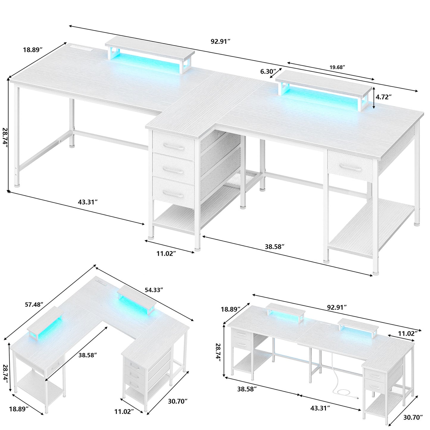 Satifur Computer Desk with Power Outlet & LED Light, Home Office Writting Desk for 2 Person 93" with Drawers & Monitor Stands, White