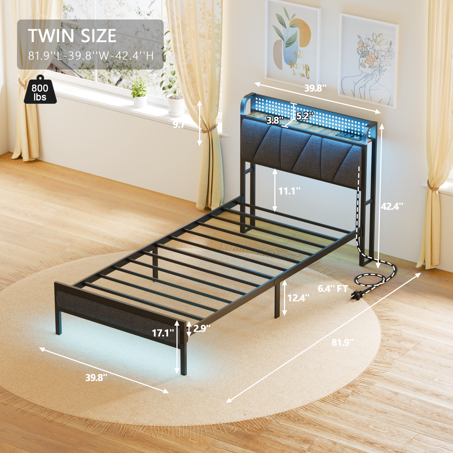 Tydimor Twin Size Metal Smart Bed Frames with Upholstered Headboard, LED Lights, USB Ports and Outlets, Storage Shelves & Underbed