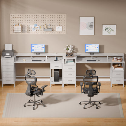 Satifur Gaming Desk with LED Lights & Power Outlets, 55" Computer Desk with 5 Fabric Drawers & Open Storage, Reversible Home Office Desk,White