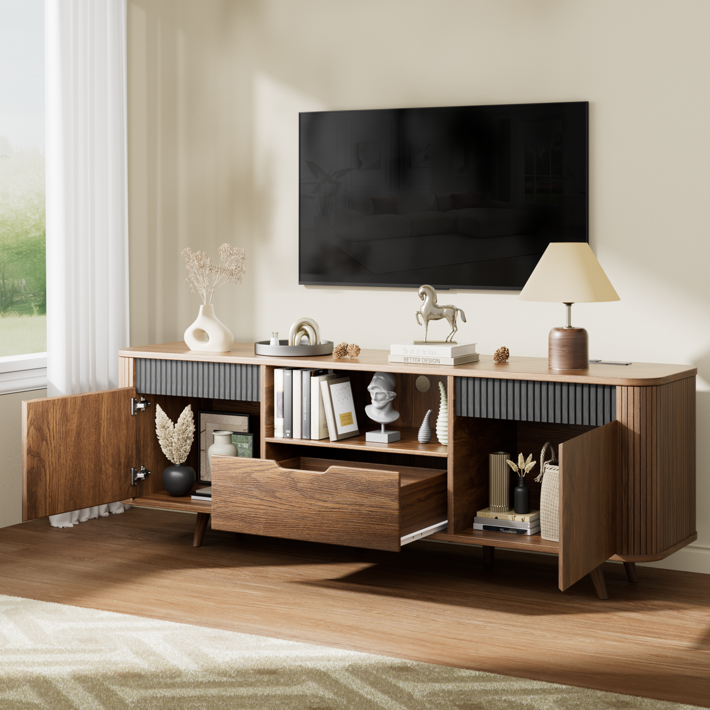 Tydimor TV Cabinet Stands for TVs up to 65", Entertainment Center with Storage Shelf & Outlet, Media Console Table with Drawers for Living Room