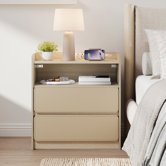 Iezza Nightstand with Charging Station, Saddle Leather Top & Drawer Surface Bedside Table, Open Shelf, Versatile End Table for Bedroom Living Room Entryway