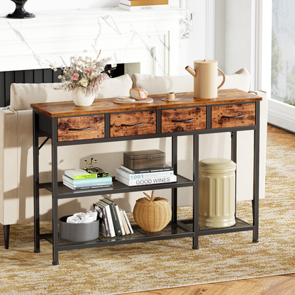 Satifur 47" Entryway Table with 4 Fabric Drawers, Console Table Metal Frame Sofa Table with 3 Shelves for Living Room and Hallway, Rustic Brown
