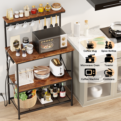 Tydimor Bakers Rack with Power Outlet, Kitchen Microwave Stand, 4-Tier Coffee Bar Table, Space-Saving Kitchen Storage Shelf, Rustic Brown