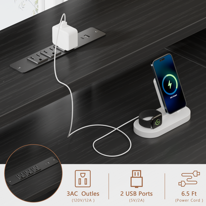 Sarifur L Shaped Computer Desk with Charging Station and LED Lights, 66 inch PC Table Study Desk 6 Drawers for Bedroom,Office Black