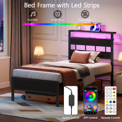Tydimor LED Lights Twin Bed Frames with Headboard, Standard Storage Bed Platforrm with Storage Underbed, No Box Spring Needed