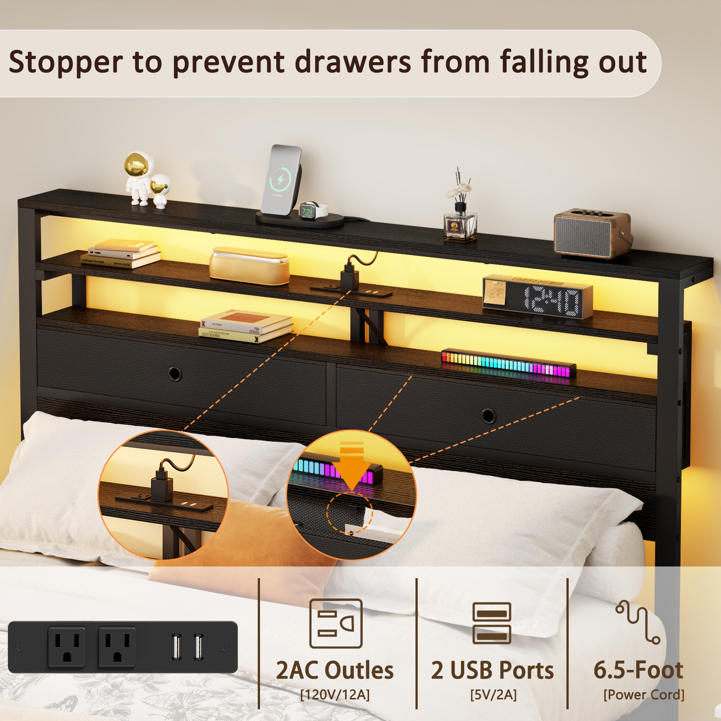 Satifur Queen Size Bed Frame with 2 Storage Drawers Headboard, LED & Charging Station, Black oack