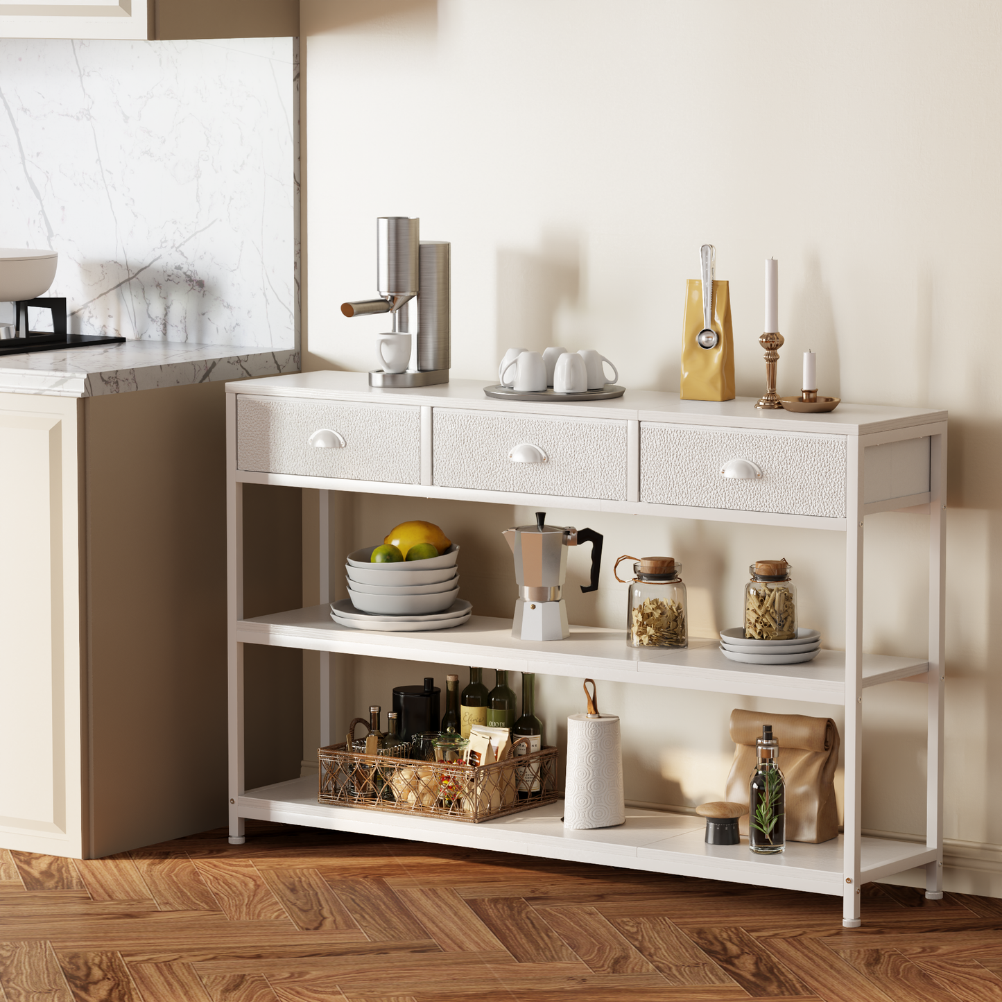 Satifur 47" Entryway Table with 4 Fabric Drawers, Console Table Metal Frame Sofa Table with 2 Shelves for Living Room and Hallway, White