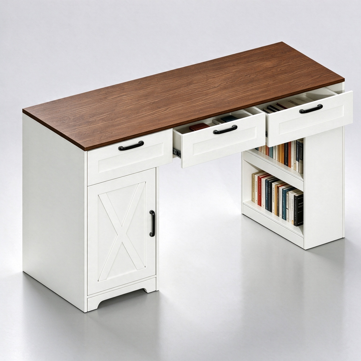 Satifur 55 inch Farmhouse Computer Desk with Power Outlet, Home Office Desk with 3 Drawers & Storage Cabinet, Walnut Brown and White