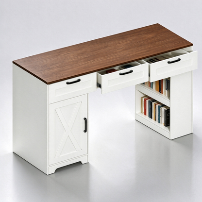 Satifur 55 inch Farmhouse Computer Desk with Power Outlet, Home Office Desk with 3 Drawers & Storage Cabinet, Walnut Brown and White