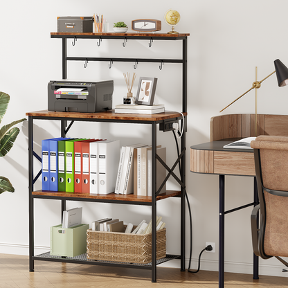 Tydimor Bakers Rack with Power Outlet, Kitchen Microwave Stand, 4-Tier Coffee Bar Table, Space-Saving Kitchen Storage Shelf, Rustic Brown