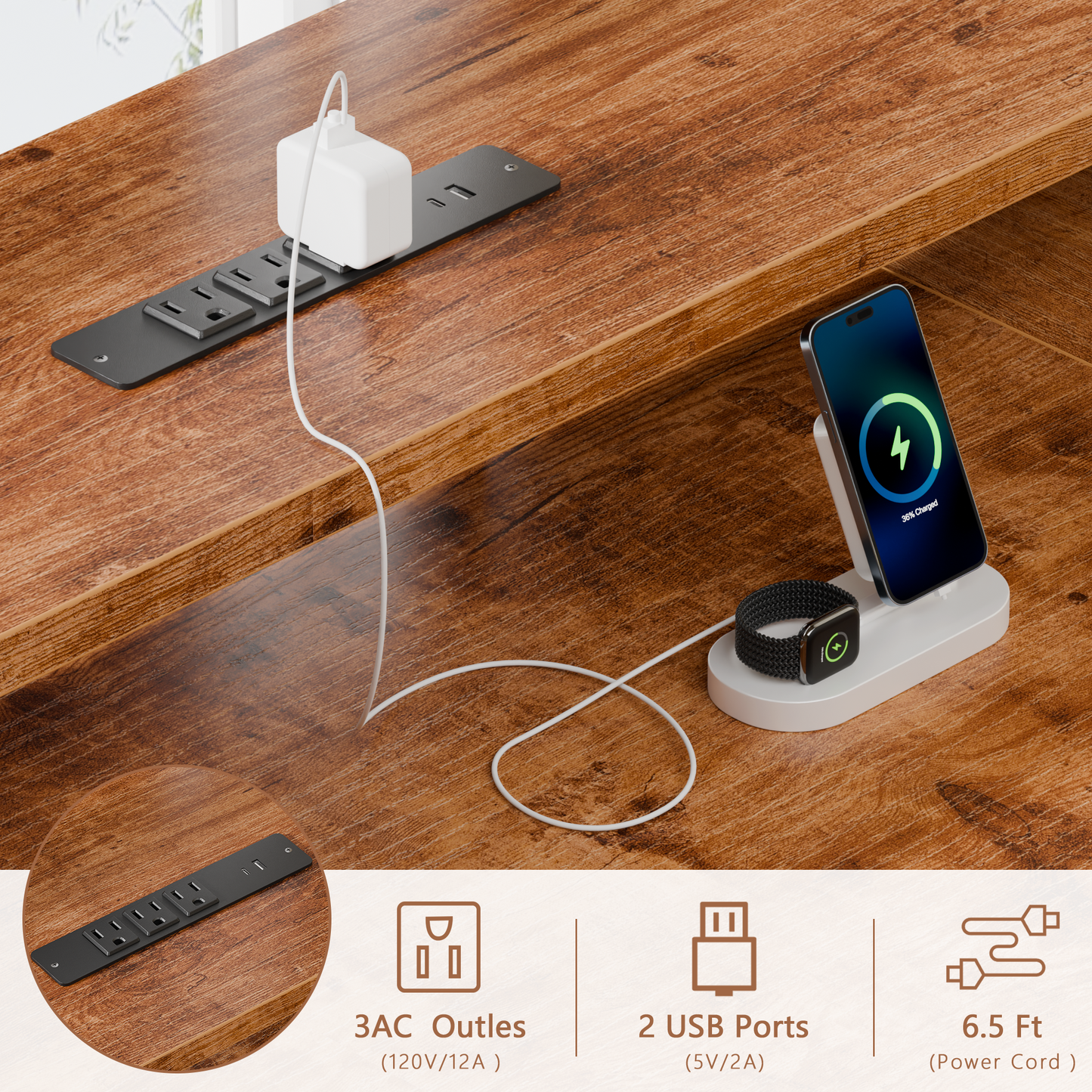 Sarifur L Shaped Computer Desk with Charging Station and LED Lights, 66 inch PC Table Study Desk 6 Drawers for Bedroom,Office Rustic Brown