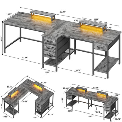 Satifur Computer Desk with Power Outlet & LED Light, Home Office Writting Desk for 2 Person 93" with Drawers & Monitor Stands, Grey
