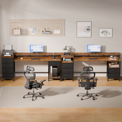 Satifur Gaming Desk with LED Lights & Power Outlets, 61" Computer Desk with 5 Fabric Drawers & Open Storage, Reversible Home Office Desk,Retro Brown