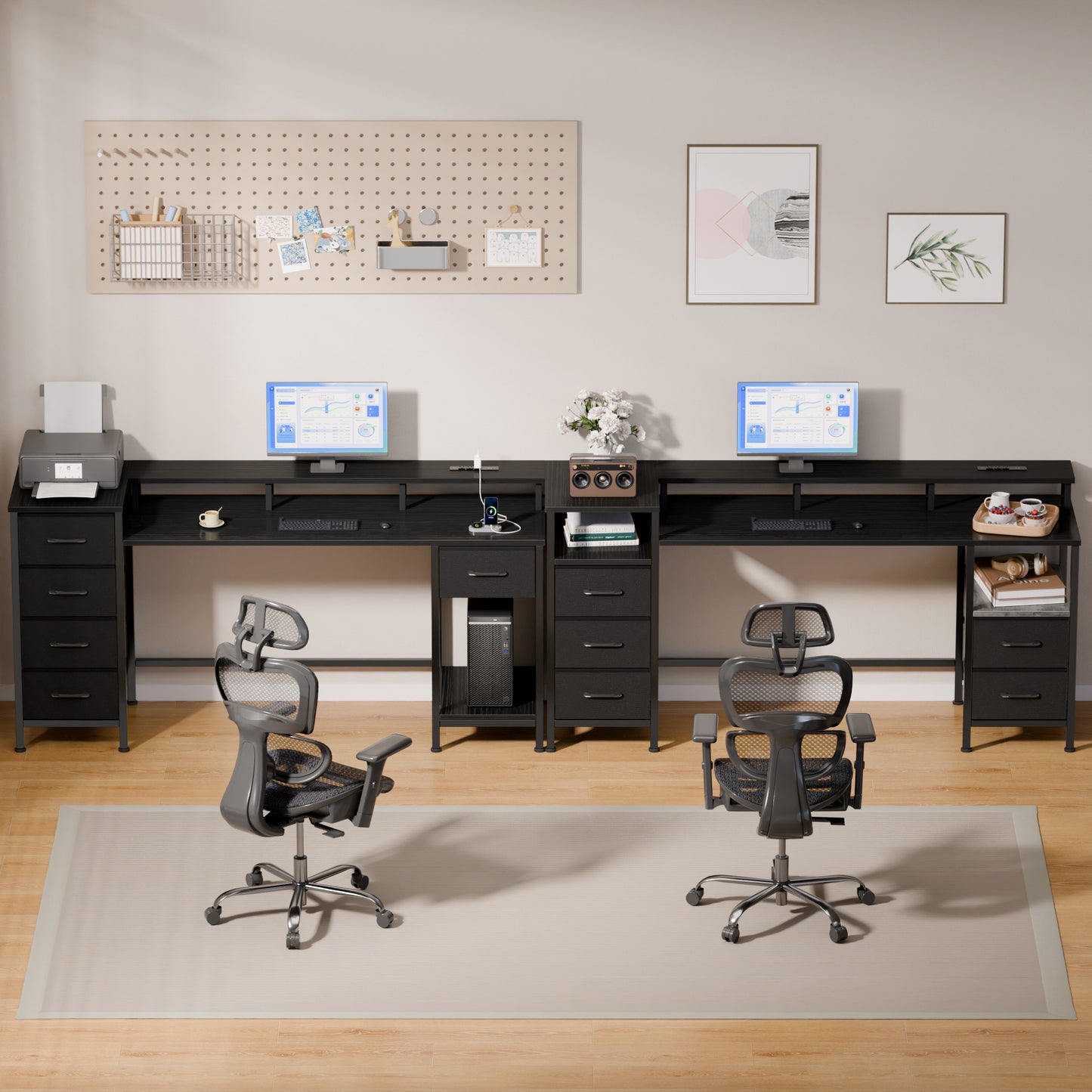 Satifur Gaming Desk with LED Lights & Power Outlets, 55" Computer Desk with 5 Fabric Drawers & Open Storage, Reversible Home Office Desk,Black