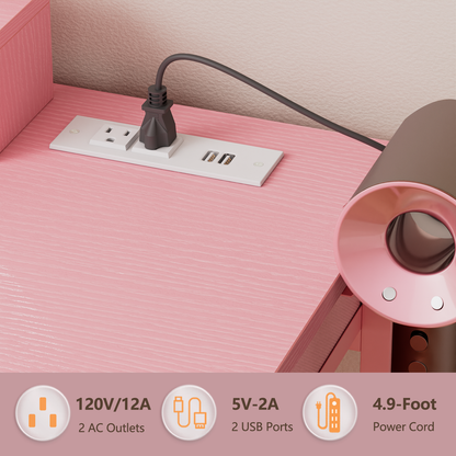 Satifur Vanity Desk with Mirror & Lights, GRWM Vanity with Drawers & Storage Shelves, Makeup Dressing Table with Stool & Charging, Pink