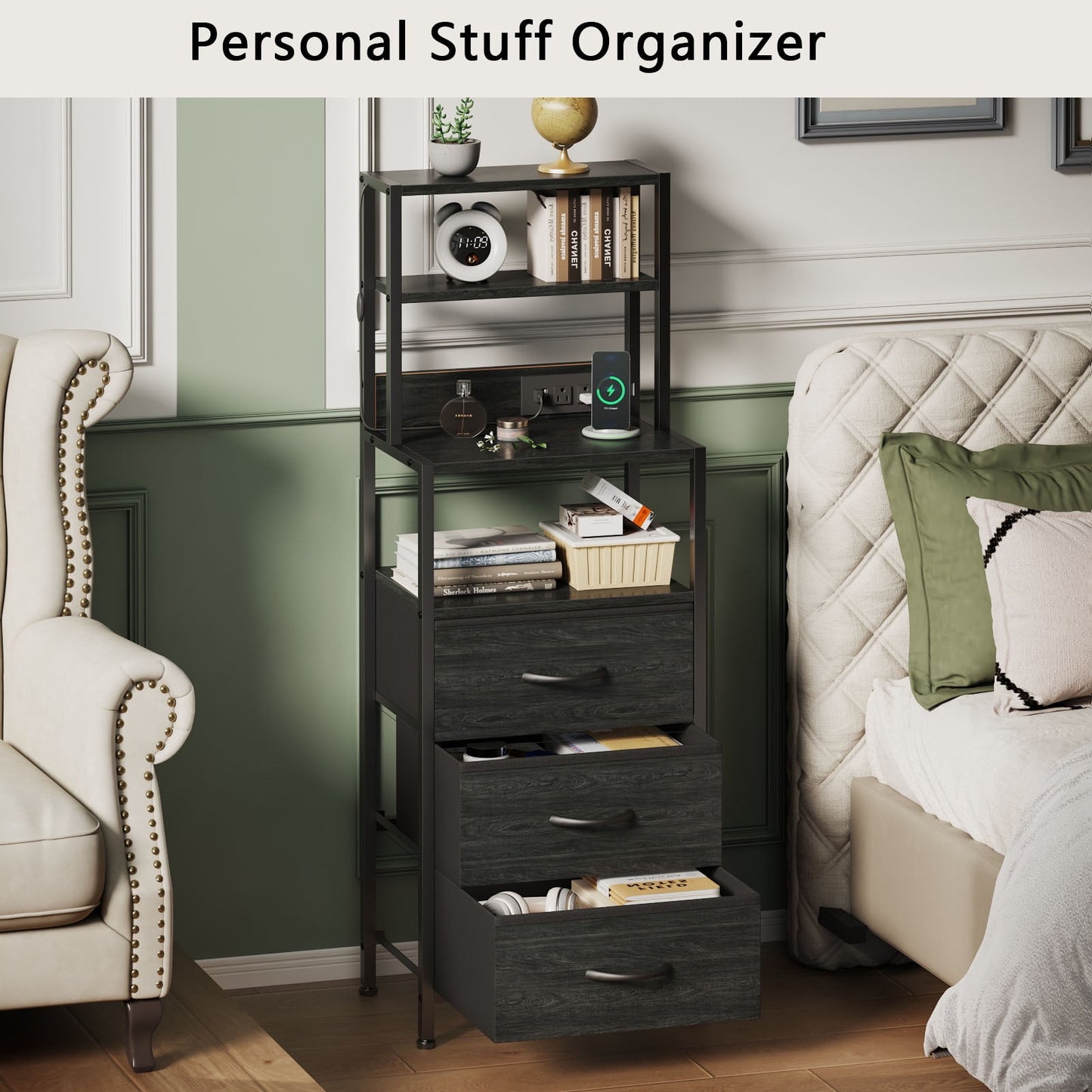 Satifur Tall Nightstand with Charging Station and LED Lights, Bedside Table with Bookshelf,3 Fabric Drawers, Black Oak