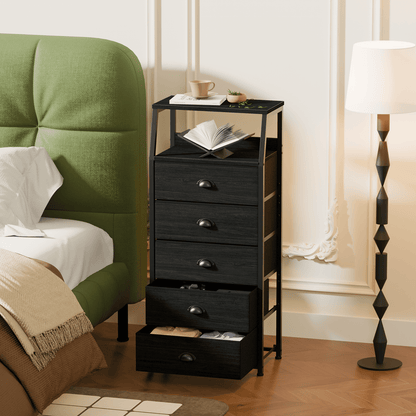 Satifur 5-Drawer Nightstand,Tall Fabric Dresser Storage End Table,Metal Frame,for All Age,Black Oak