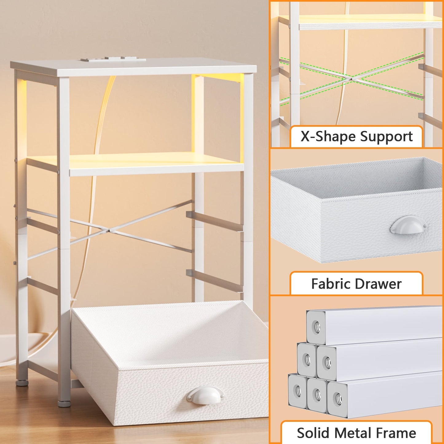 Satifur Side Table with Light, Charging Station, White Nighstand for Bedroom, Living Room