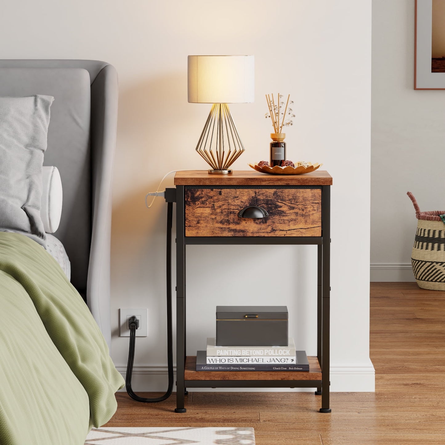 Satifur Set of 2 Nightstand with Charging Station for Bedroom,Side End Table with Outlets & USB Ports,Rustic Brown