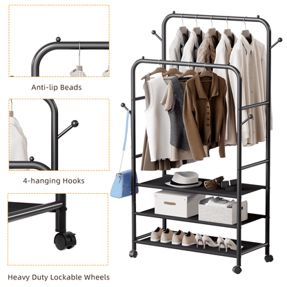 Satifur Clothes Rack with 3 Tiers Storage Shelves, Clothing and Shoes Racks, Garment Rack with Wheels, Multi-functional Double Rod Hanging Rack, Black