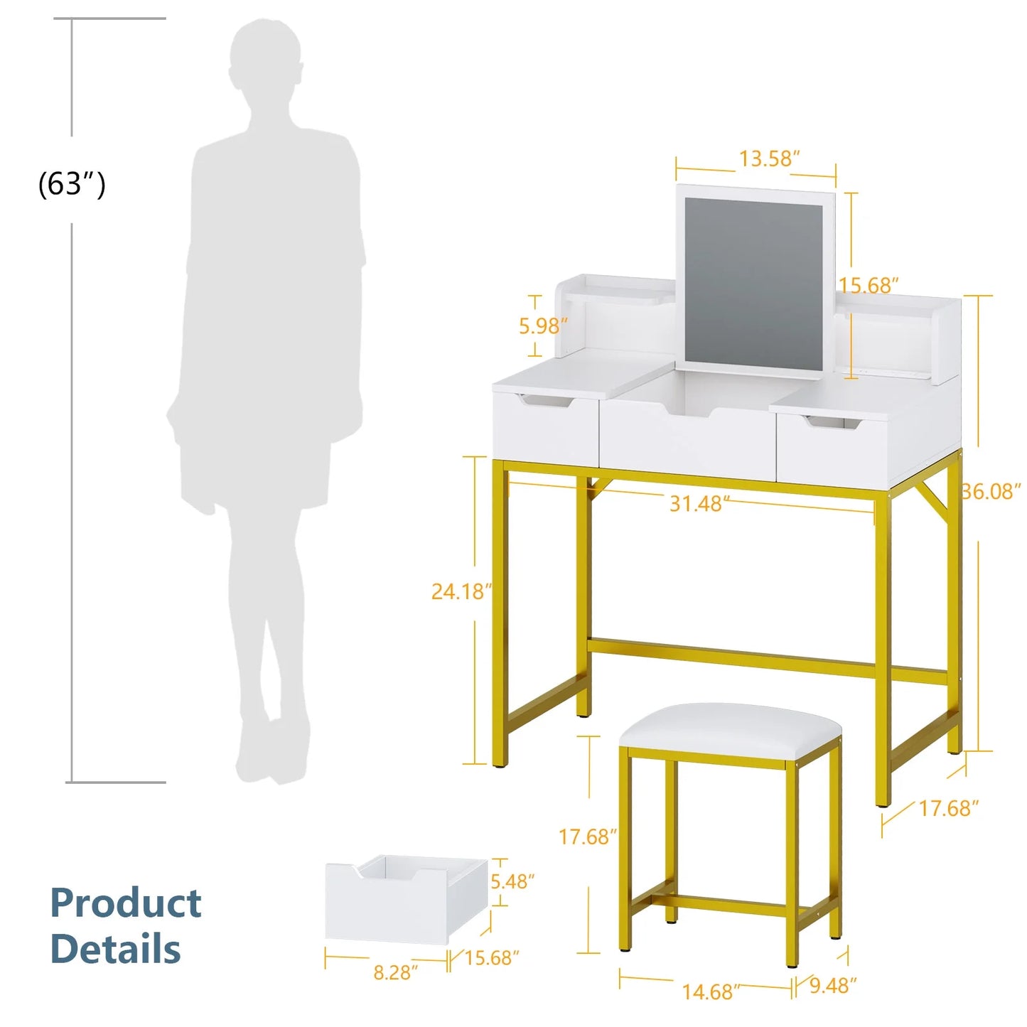 Tydimor Flip-top Vanity Set, Women Dressing Table with Outlets, Makeup Vanity Desk with Mirror, Drawers & Stool