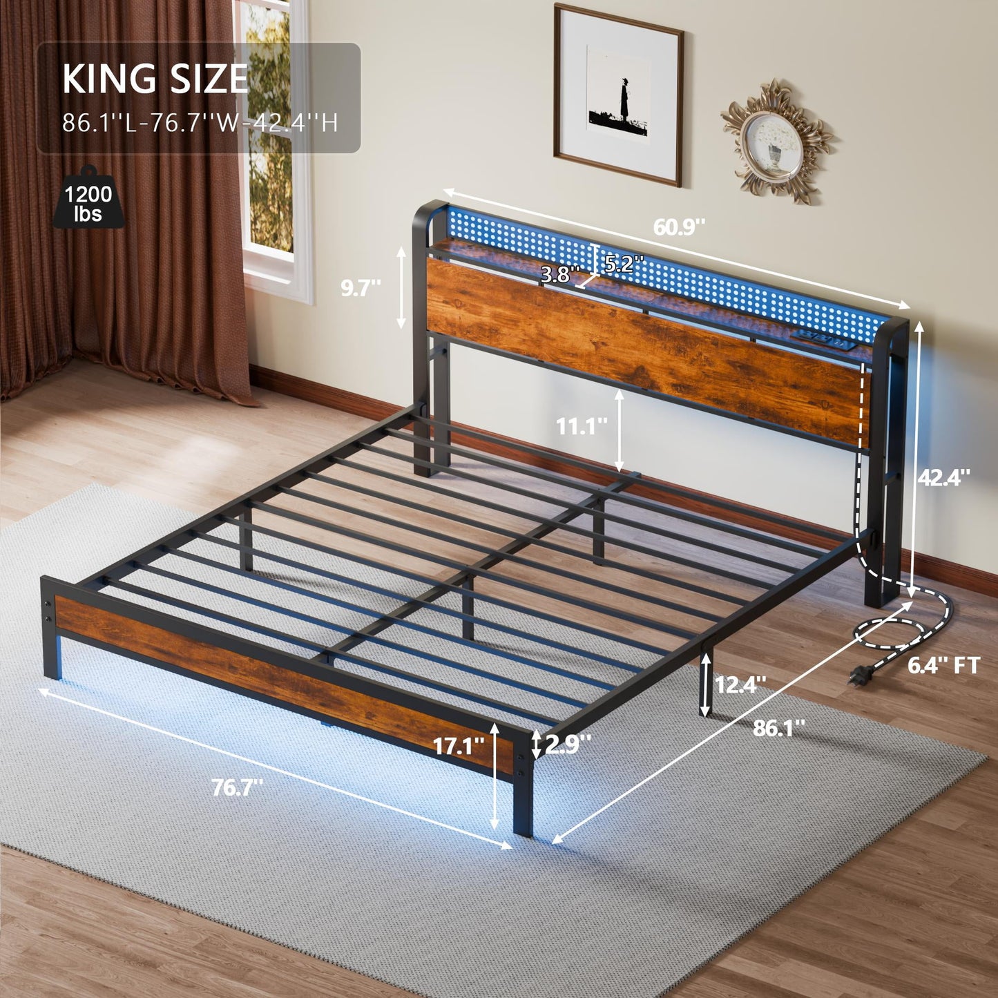 Tydimor Queen RGB LED Strip Platforrm Bed Frames with Headboard Metal, Storage Shelves & Underbed, Niose Free, No Box Spring Needed