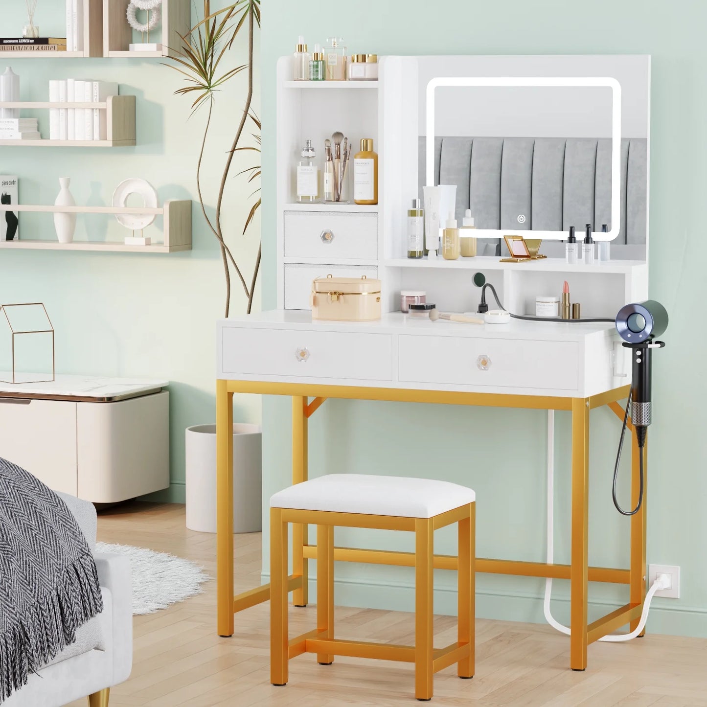 Tydimor Lighted Makeup Vanity Set, Women Dressing Table with Outlets, Vanity Desk with Drawers & Stool