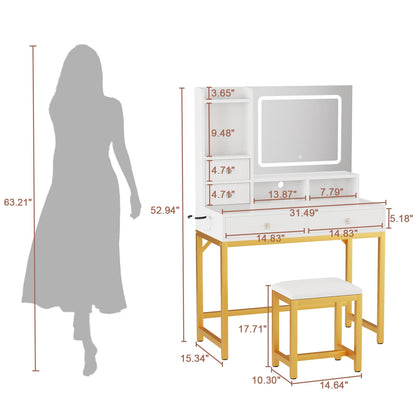 Satifur Lighted Makeup Vanity Set, Women Dressing Table with Outlets, Vanity Desk with Drawers & Stool