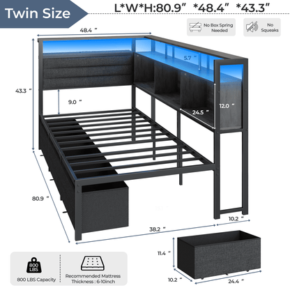 Tydimor L-Shaped Corner Bed Frame with 3 Storage Drawers, 3 Cubbies & Double-Layer Shelf, LED Lights & Power Outlet, Corner Twin Beds for Living Room, Bedroom and Guest, Grey Oak