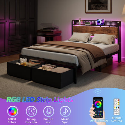 Satifur Full Bed Frame with 2 Drawers & Storage Headboard, Platform Metal Bed with Charging Station, No Box Spring Needed