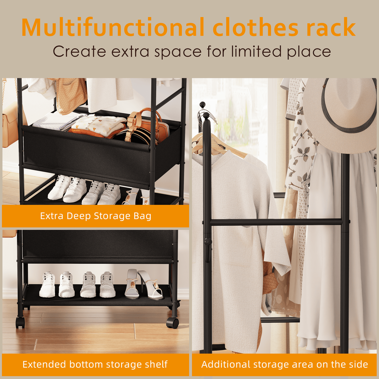 Satifur Double Rail Clothes Rack on Wheels, Heavy Duty Clothes Hanging Rack, Free Standing Garment Rack with Clothes Storage Bag, Black