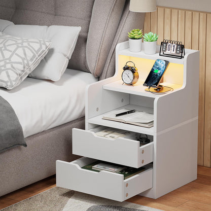 Satifur White Nightstand with Charging Station,LED Nightstand with 2 Drawers Bed Side Table,White