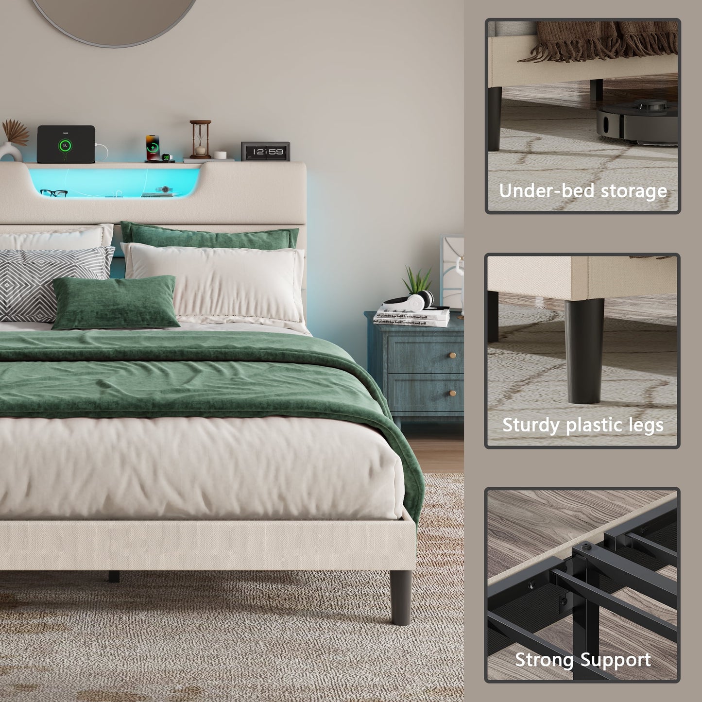 Tydimor Beige Fine Linen Fabric Bed Frame with Upholstered Headboard & Charge Station, Twin Size Bed Frame with LED Lights, No Box Spring Needed