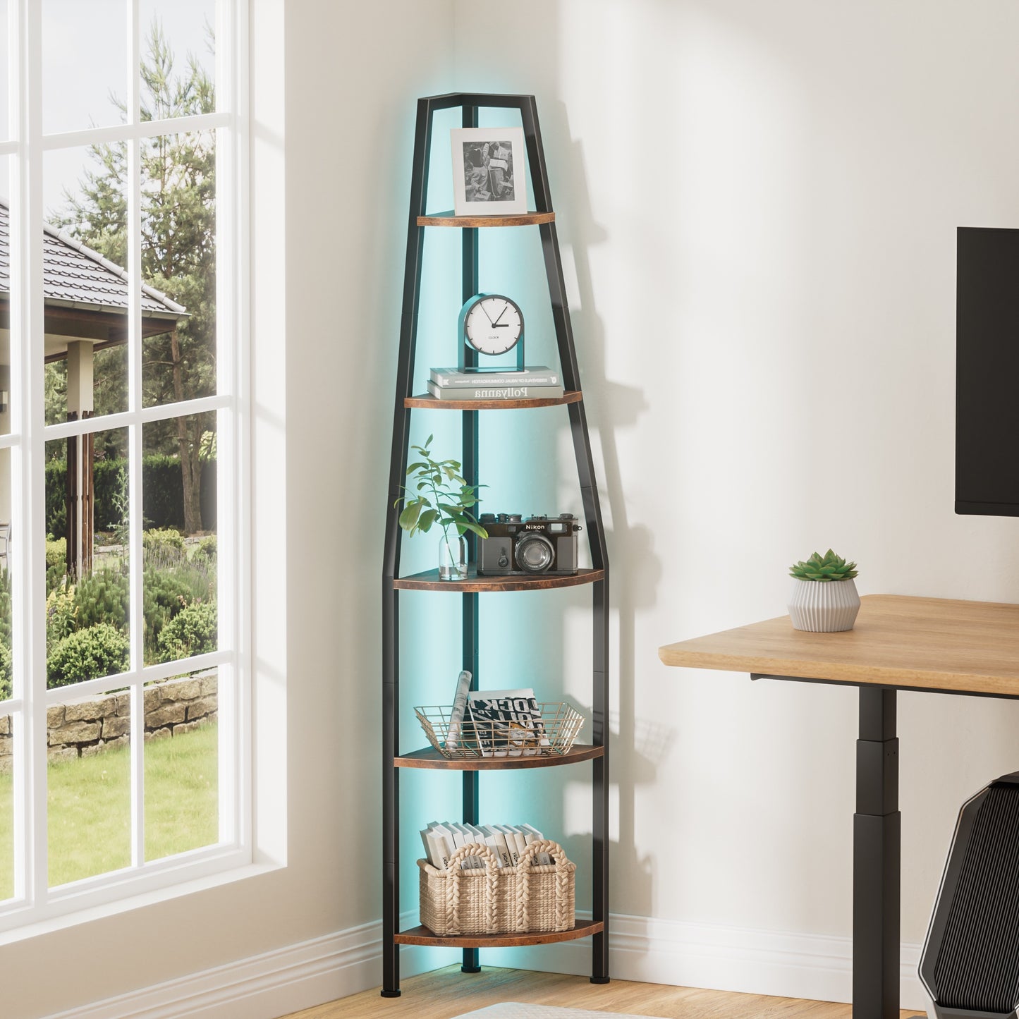 Satifur Corner Shelf Space Saving Freestanding Bookcase with LED Light Strip, Corner Bookshelg for Living Room Bedroom, Rustic Brown