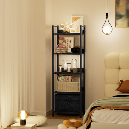 Satifur 5 Tier Ladder Bookcase with Removable Drawer Tall Standing Bookshelf,Black Oak