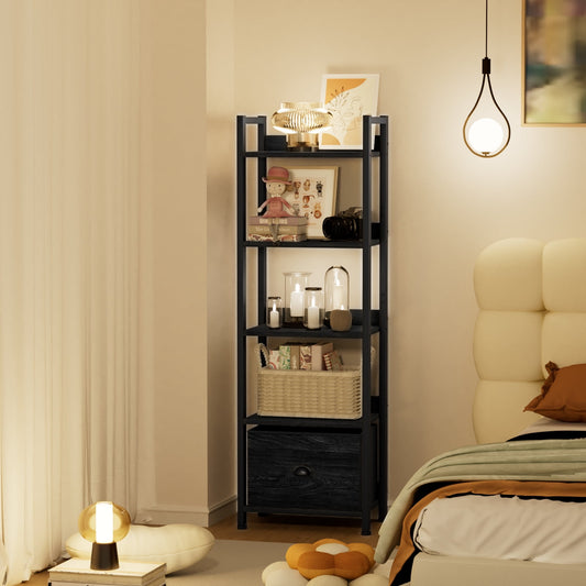 Satifur 5 Tier Ladder Bookcase with Removable Drawer Tall Standing Bookshelf,Black Oak