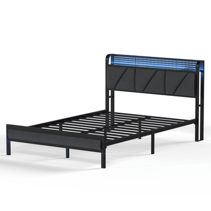 Tydimor Queen Size Metal Smart Bed Frames with Upholstered Headboard, LED Lights, USB Ports and Outlets, Storage Shelves & Underbed
