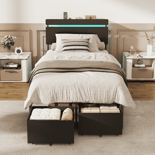 Tydimor Twin Size Bed Frame with 2 Drawers & LED Lights & Charging Station, Beds with Headboard & 10.10" Under Bed Storage, No Box Spring Needed, Easy Assembly, Black