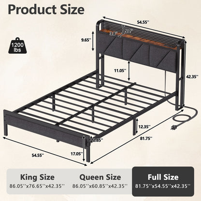 Satifur Full Bed Frame with Upholstered Storage Headboard, Metal Platform Bed Station with Charging Station & LED, Noise-Free. No Box Spring Needed